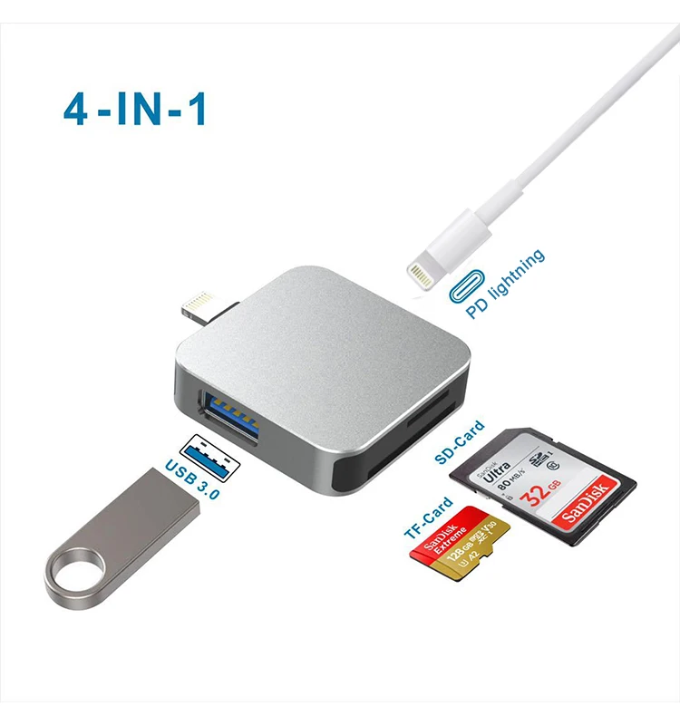 Wholesale price 4 in 1 otg card reader SD/TF usb memory adapter for apple iphone camera dash cam plug and play
