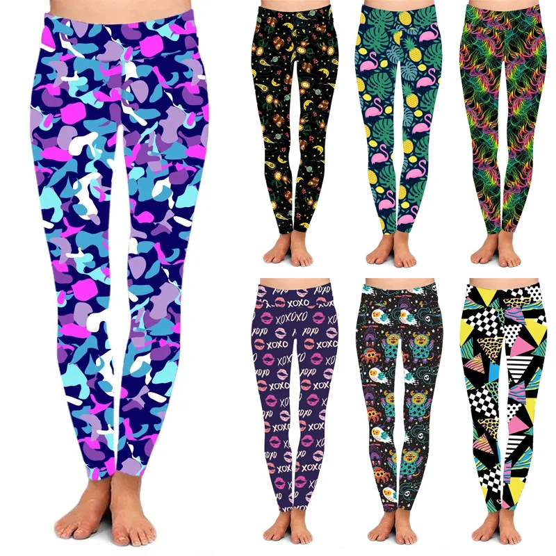 Wholesale OEM Camo Print Yoga Legging 92% Polyester 8% Spandex Double Brushed  Milk Silk 3D Printed High Waist Fitness Leggings