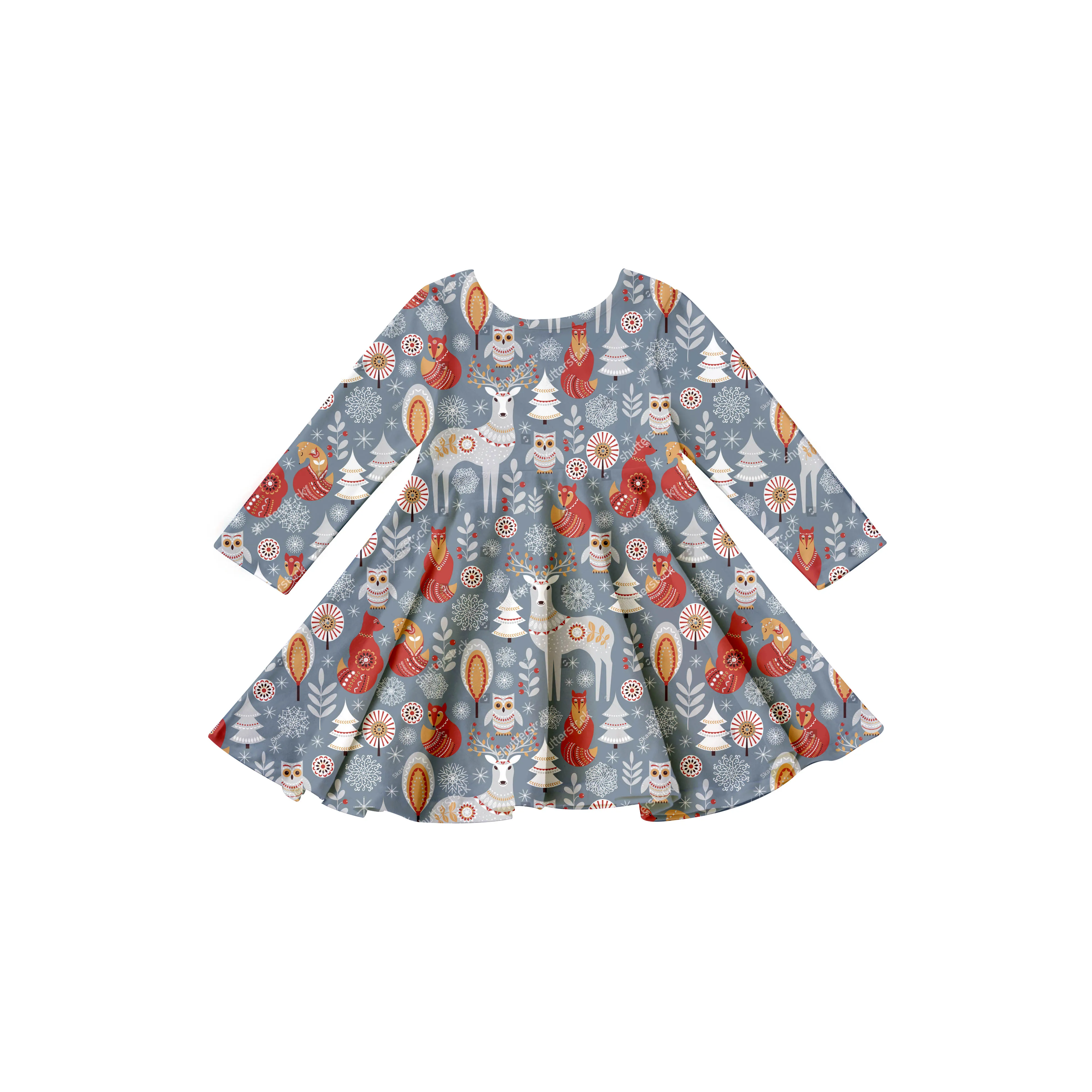 Girlymax 2022 Christmas Tree lights celebrations Long Sleeve A-LIne Twirl Knee Length Baby Girls Dresses Kids Clothing