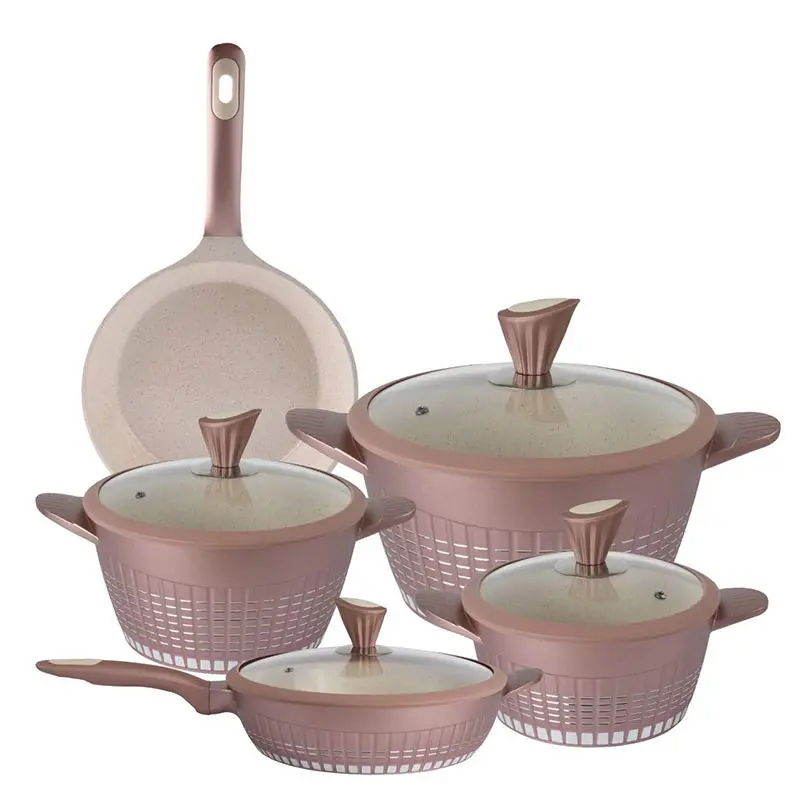 
9pcs pink color die cast marble coating aluminum non-stick cookware set 