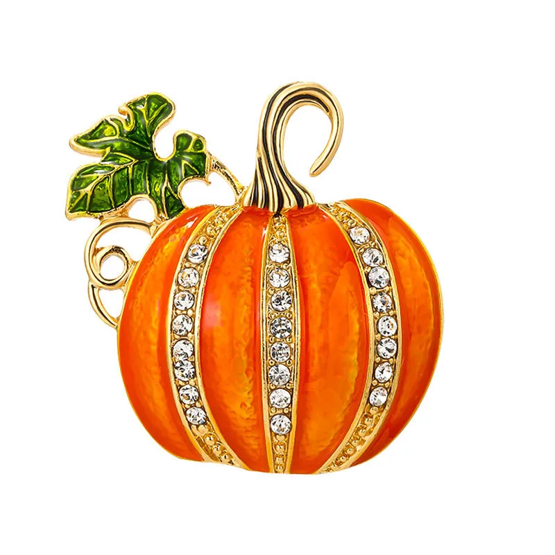 Rhinestone Pumpkin Brooch Pin for Women Girls Gold Tone Fashion Enamel Halloween Thanksgiving Green Leaf Brooches Lapel Pins