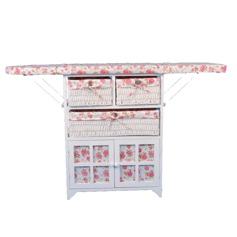 Country Rustic Style Wooden Folding Ironing Board With Storage Drawers For Living Room Furniture