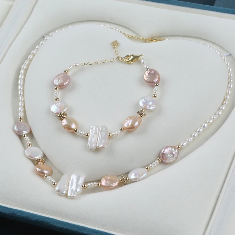 Wholesale Natural 3-4mm White Freshwater Rice Coin Biwa Pearl Necklace Bracelet Set  For Ladies