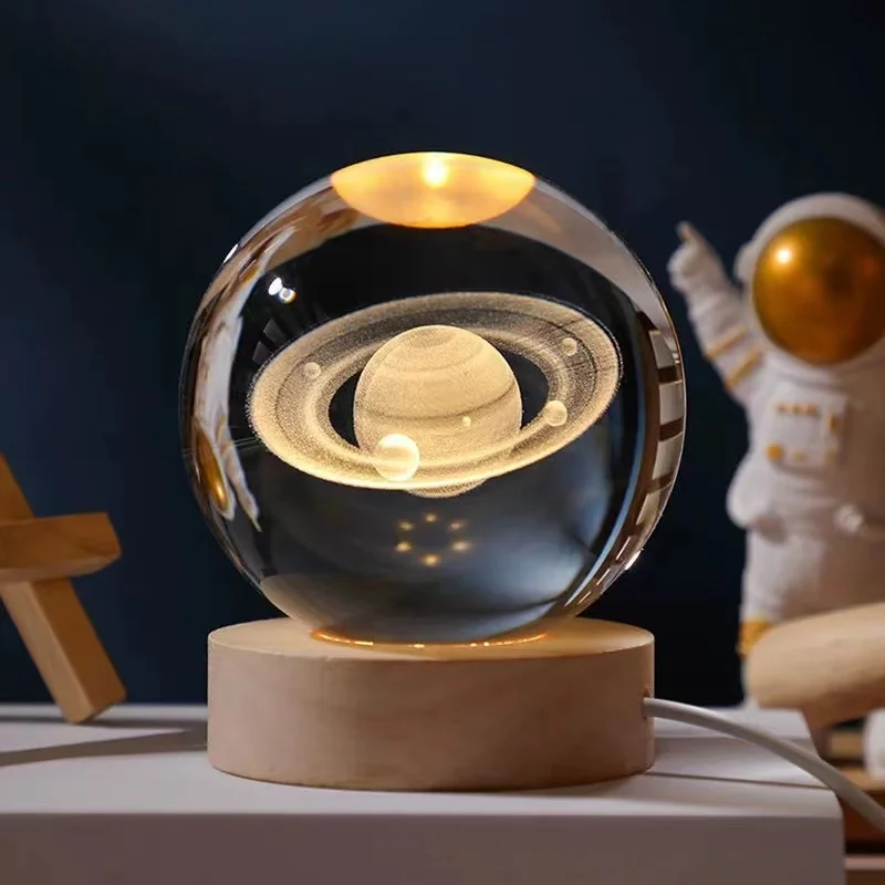 Crystal Ball With Wood Stand Laser Engraved 6CM Glass LED Crystal Ball Souvenir Gifts Home Decor Star Moon Night Light