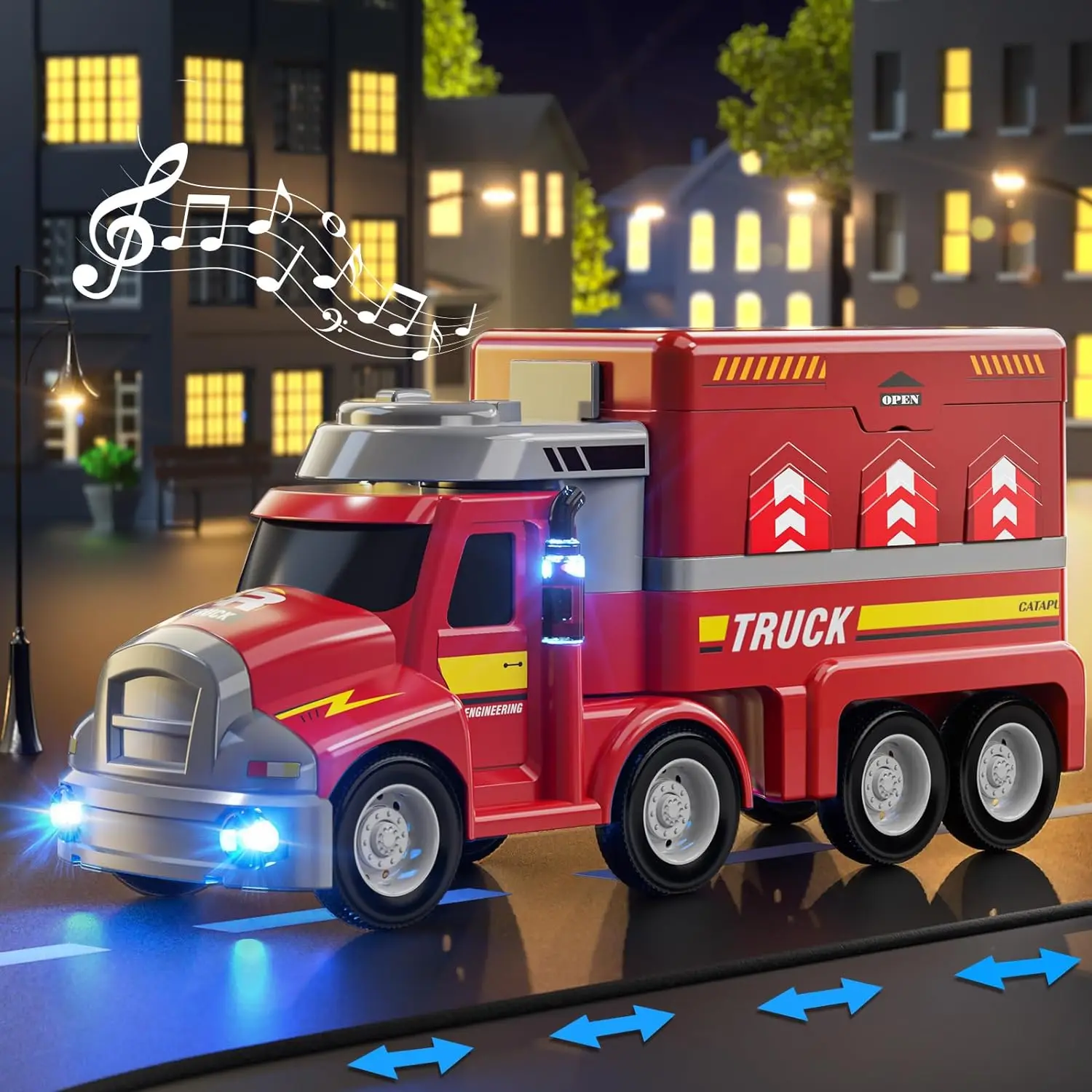 TEMI Fire Truck Kids Toys for 3 4 5 6 Year Old Boys, Car Carrier Toy with 8 Mini Vehicles, Movable Truck Station Toys Race Track