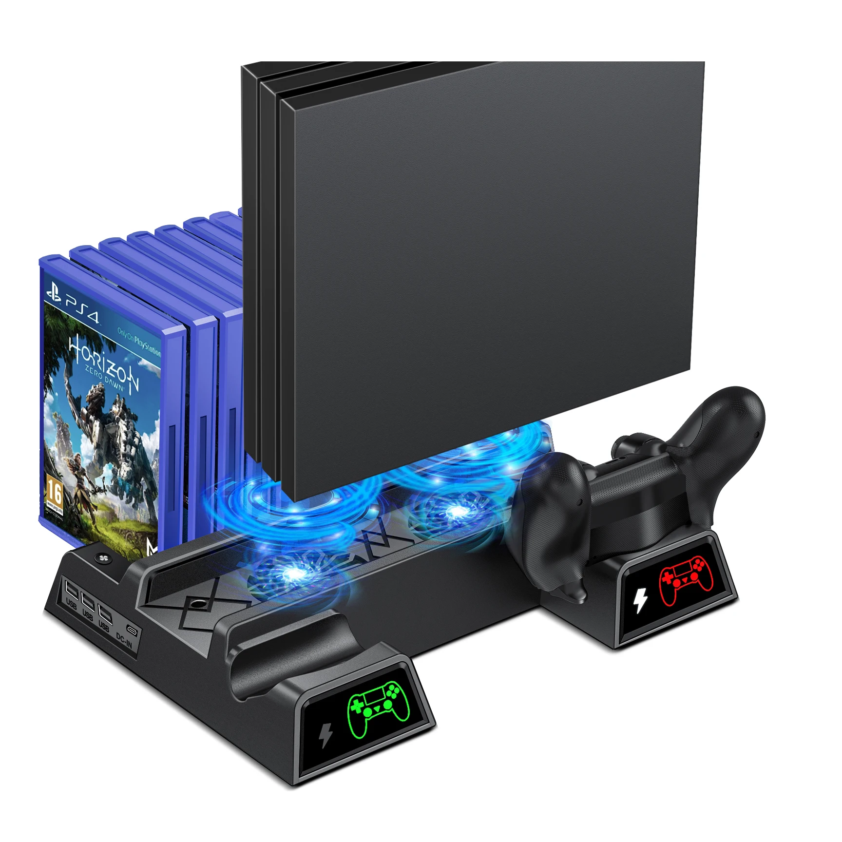Вертикальная подставка для консоли PS4/PS4 Pro/PS4 Slim, охлаждающий вентилятор со светодиодной подсветкой и двойным зарядным устройством для Sony Playstation 4