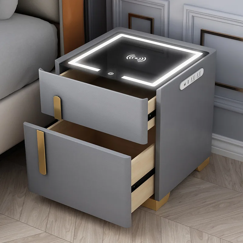 Modern Wireless Charging Leather Nightstand Bedroom Furniture Wooden Night Stand Luxury Led Light Smart Bedside Table With Safe