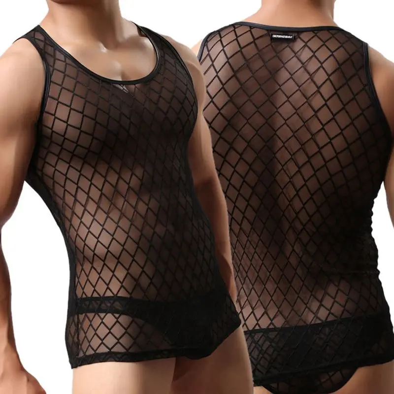 Custom Sleeveless Singlets Man Nylon Spandex Transparent Fishnet Vest