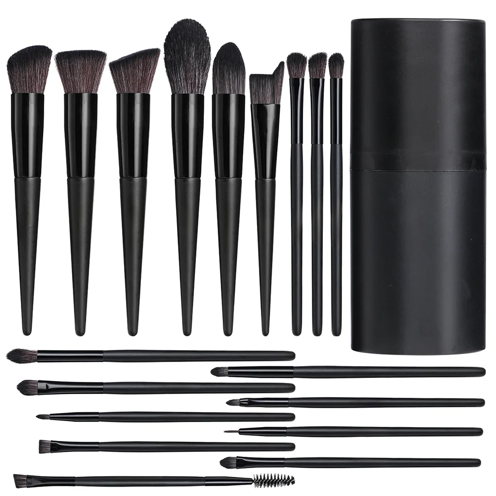 18 Piece Black Ultra Soft Professional Good Quality Makeup Brush Set Fan Brush Dual Ended Sparkle Eyeshadow with Cylinder Case