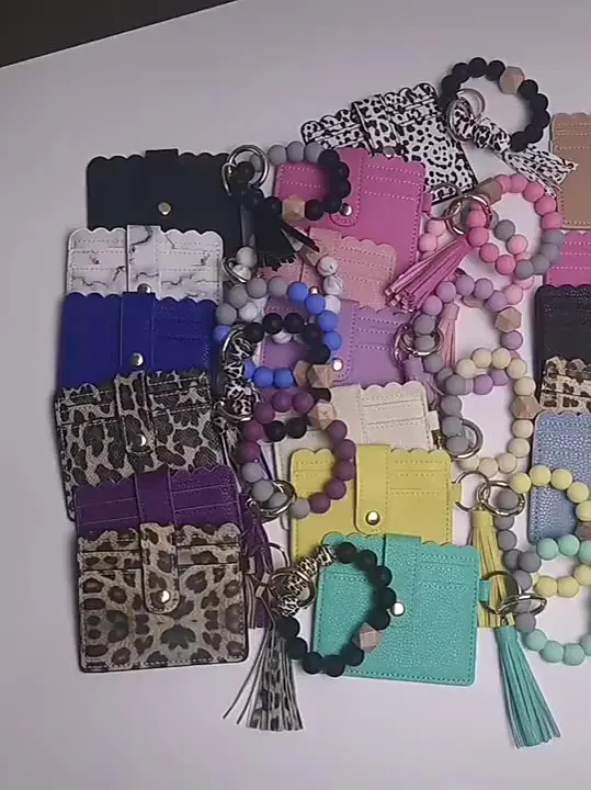 Silicone Bead Bangle Key Ring Pu Card Holder Bracelet Keychain With Matching Wristlet Wallet