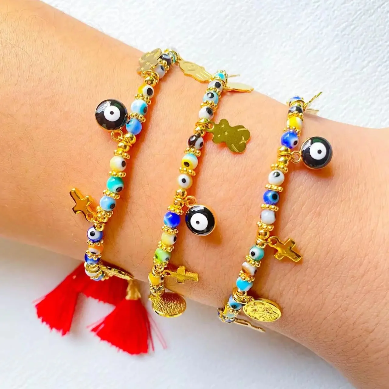 Fashion Bohemian tassel bracelet with red thread eyes jewelry making bear bracelet pulsera cross adjustable for women