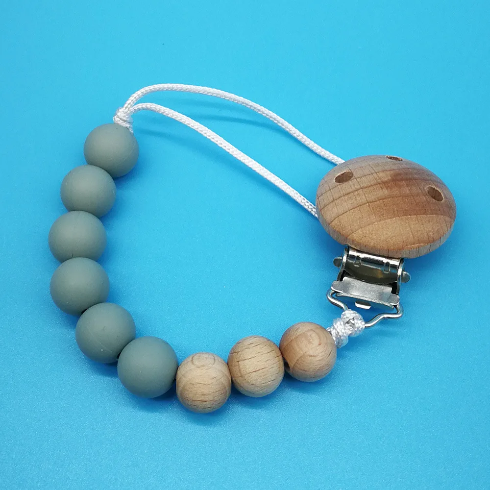 fast delivery silicone and wooden beads pacifier clips holder newborn teething soothing  dummy chain