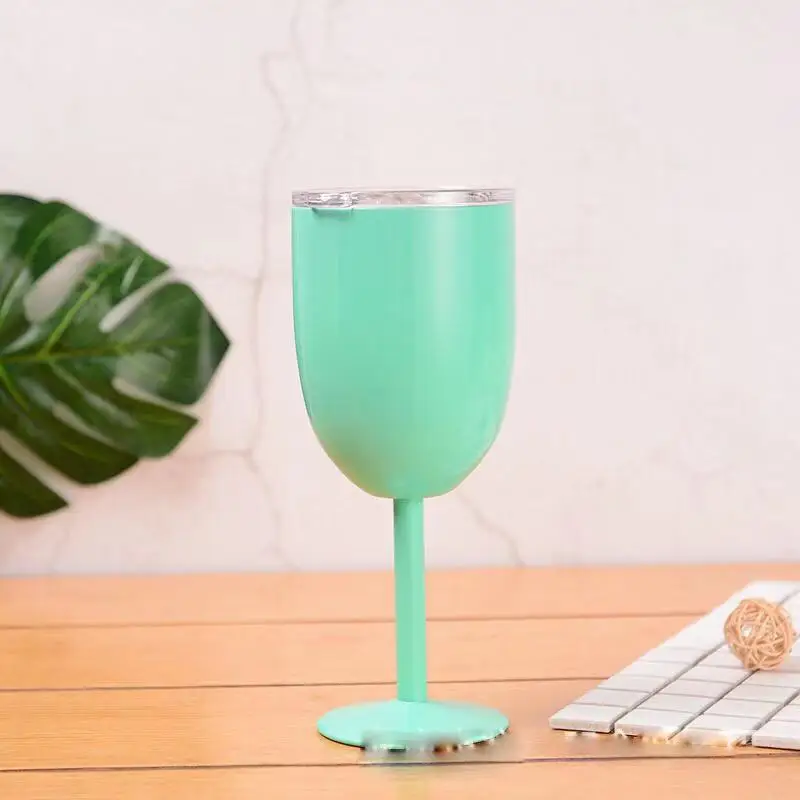 Double Wall Stem glass 304 Stainless Steel Metal 10OZ Silver Wine Glass Colored Wine Goblet with Lid