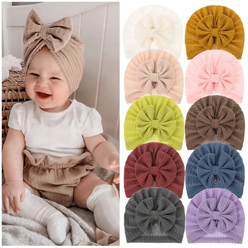 Wholesale Baby Fall Hat Girl Hair Accessories Indian Bonnet Beanie Hat Big Bow Knot Knit Waffle Fabric Baby Turban Headband