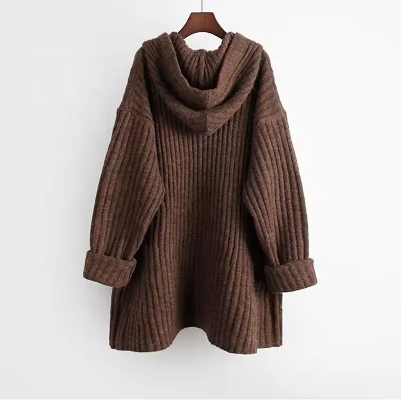 Custom Knitted Sweatshirt Pullover Mid Length Solid Hooded Chunky Knit Ribbed Sweater For Autumn Winter