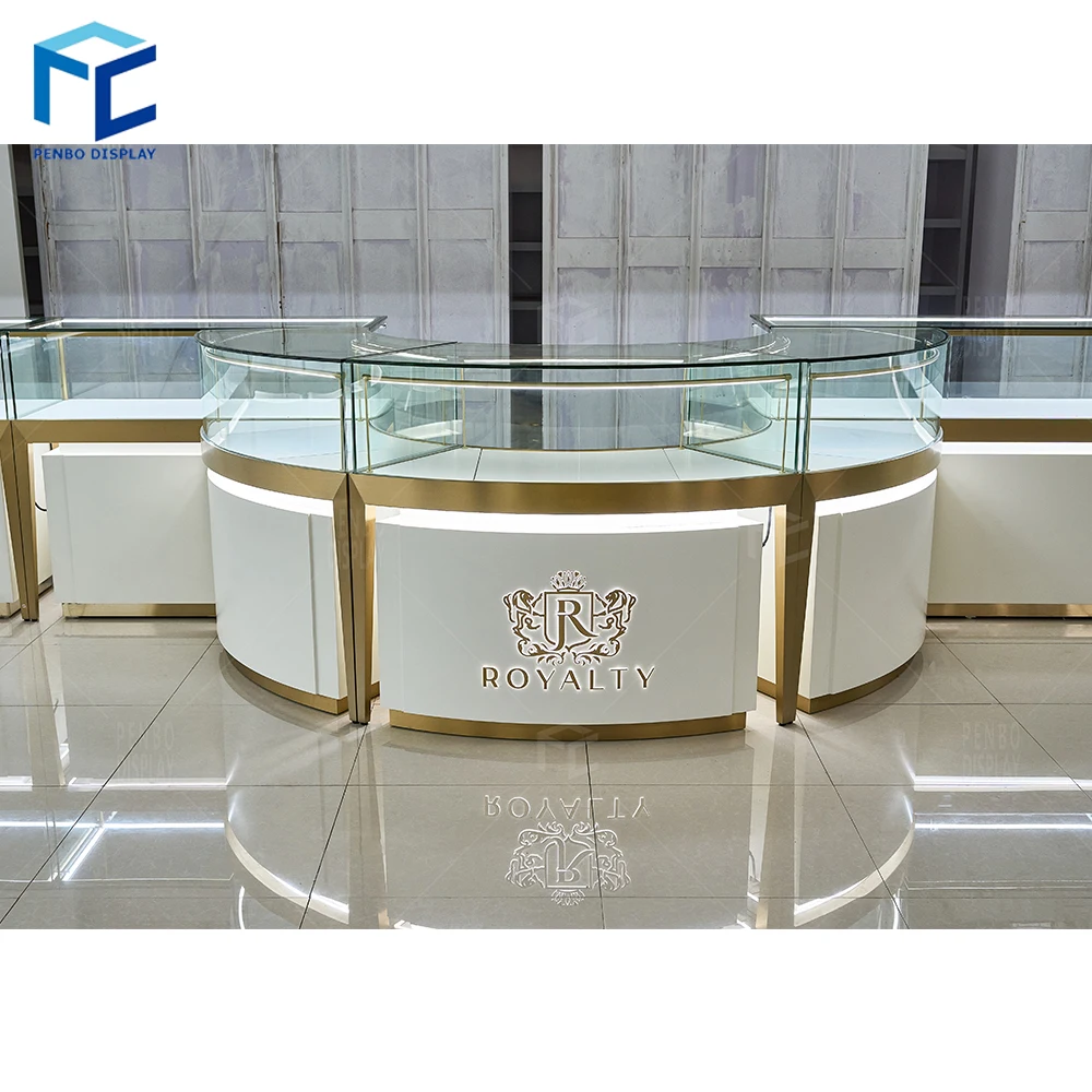 Led Lighting White Gold Jewelry Shop Display Cabinet Modern Mdf Jewelry Showcase Display Cabinet For Shopping Mall