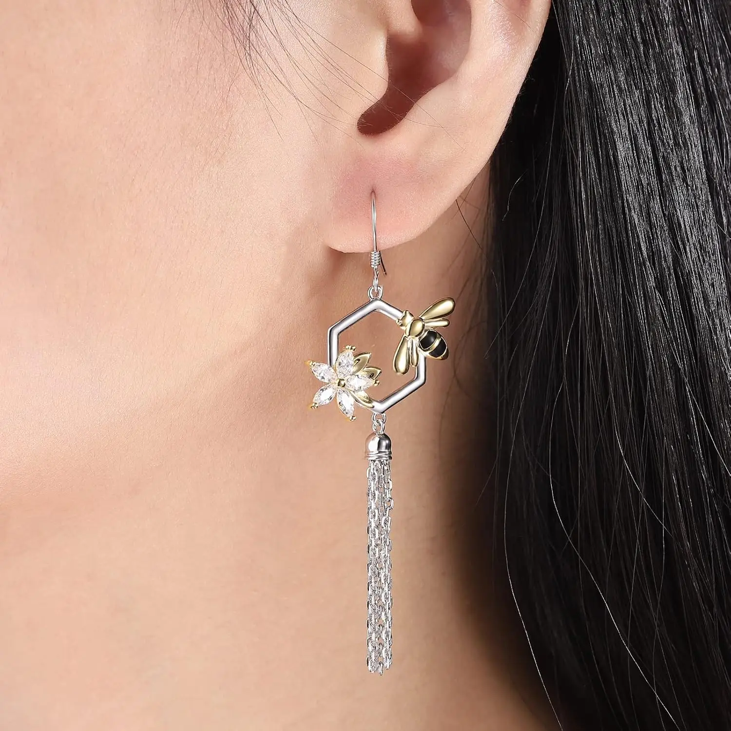 Silver Honeycomb Bee Tassel Earrings 925 Sterling Silver Bumble Bee Tassel Earrings Jewelry for Women