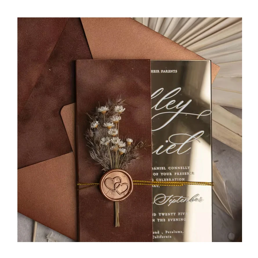 Luxury mirror Golden Burnt Orange acrylic Wedding Invitations card with velvet envelope