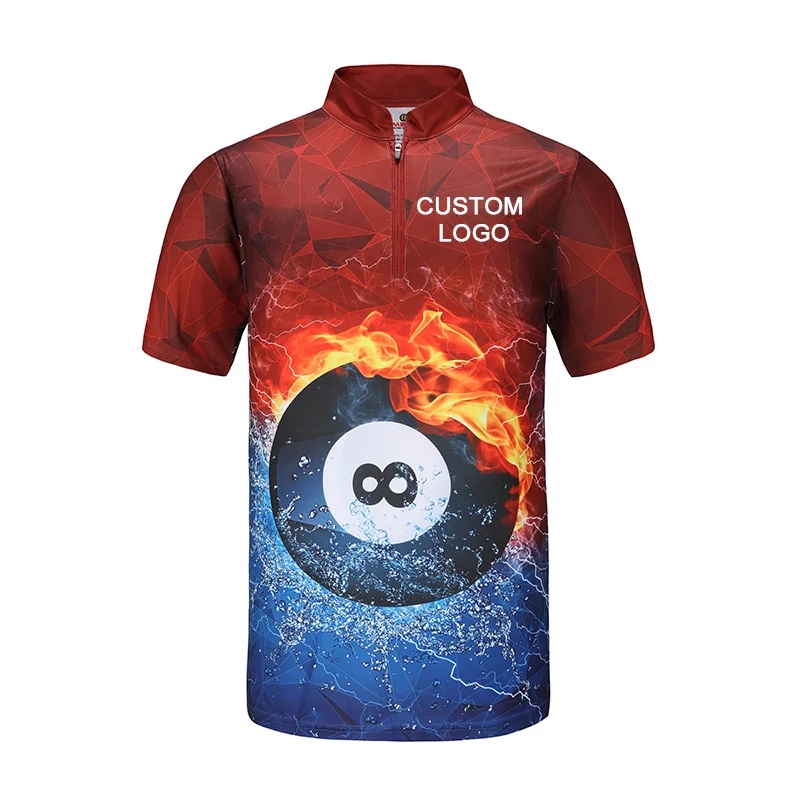 High quality wholesale 140gsm 100% polyester interlock sport theme billiard zipper custom logo sublimation tshirts for men