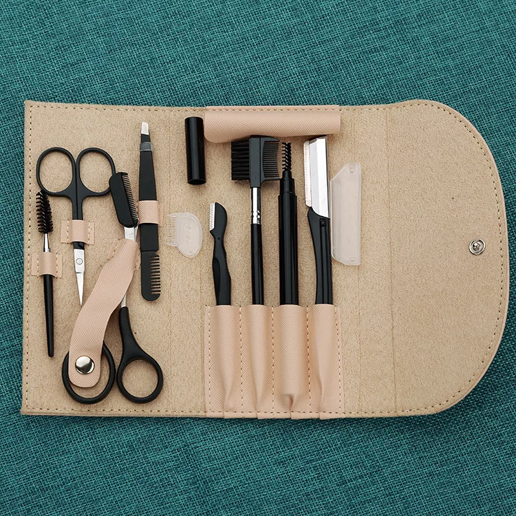 8 pieces Eyebrow Clip Knife Razor Set Black Makeup Tool Eyebrow trimmer Eyelash Scissors Brush Pencil Eyebrow Tweezers Kit