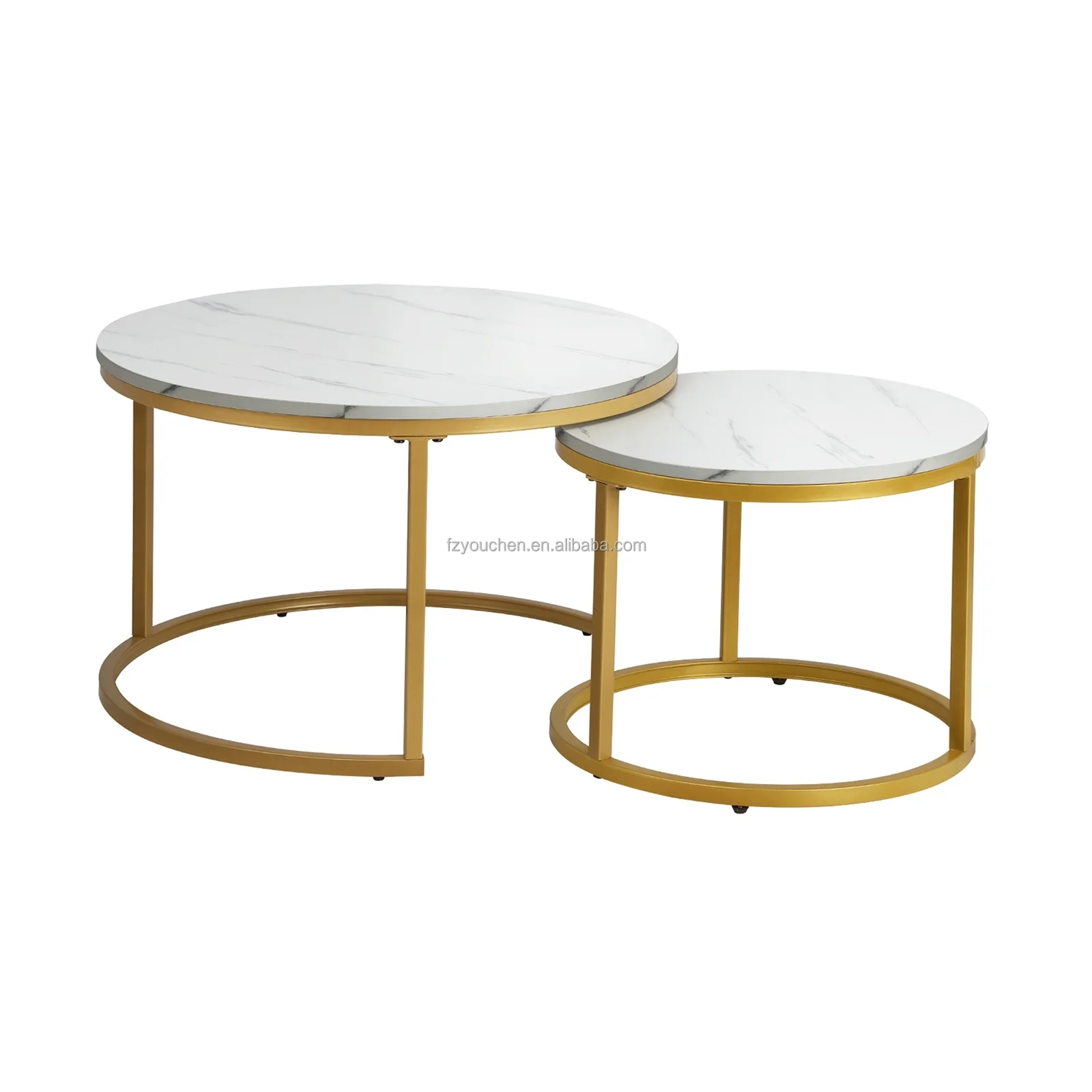 Reclaimed Oak Round Modern Nesting Coffee Set of 2 Living Room Accent Tables with Tabletops and Matte Metal Frame
