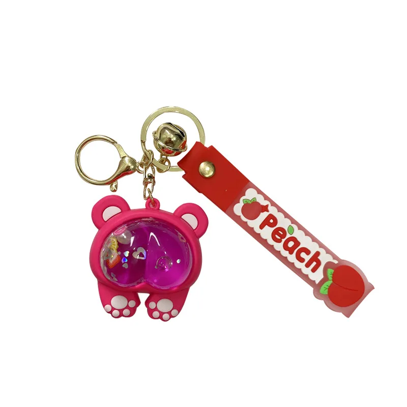 Oil Floating Fruit Strawberry bear Quicksand Ass Filled Glitter Liquid Keychain Cute Fruit Liquid Bag Key Chain Pendant for kids