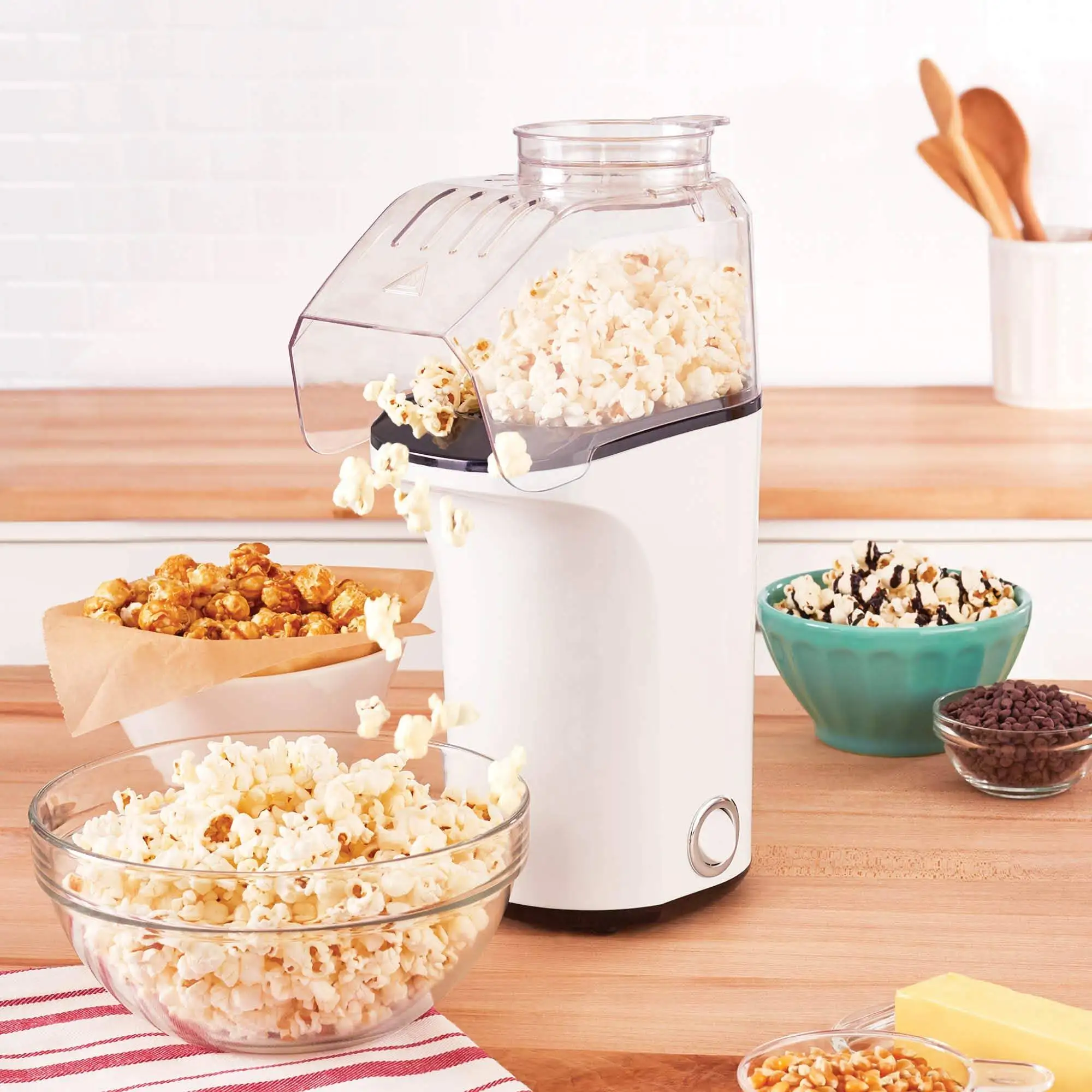 Hot Air Popcorn Popper Maker with Measuring Cup to Portion Popping Corn Kernels Melt Butter 16 Cups White