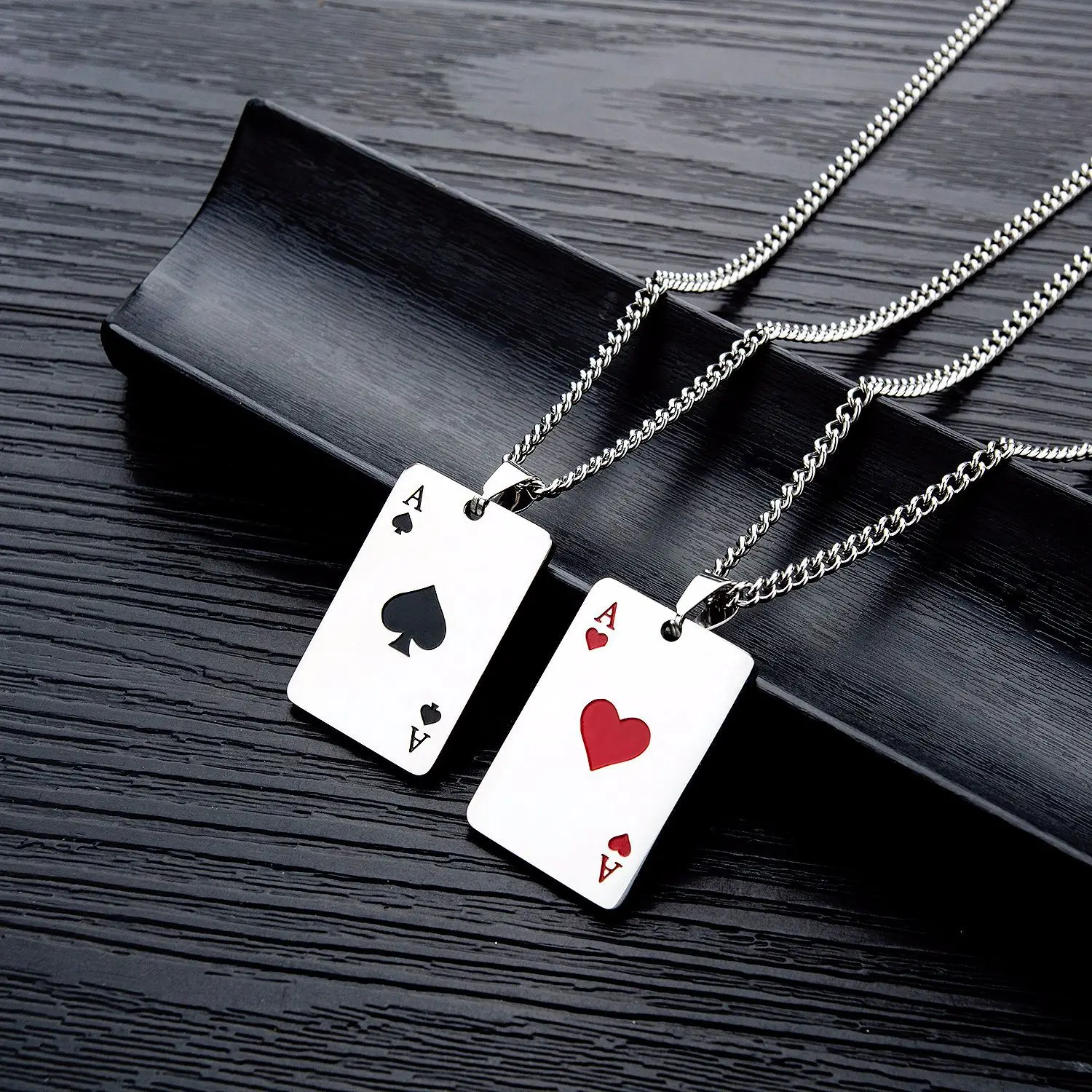 Fashion titanium steel necklace creative poker hearts A spades heart pendants men and women jewelry