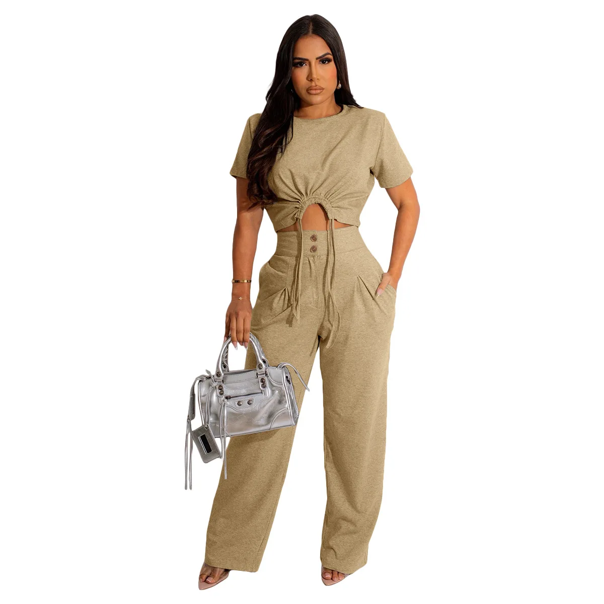 Autumn 2023 women clothes 2 Piece Sets Round Neck Crop Tops High Waist loose Casual Pants Long Pants For Women