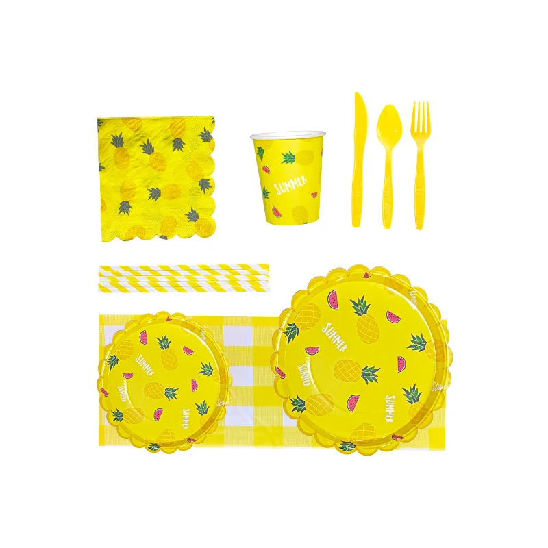 Partybus Yellow Pineapple Plates Cups Napkins Tablecloths and Cutlery Disposable Party Tableware Set Supplies