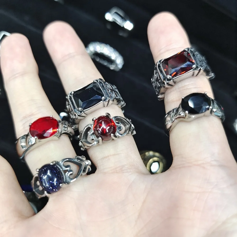 VAF 18K Silver Zircon Smile Stamp Cross Gemstone Glue Drop Ring Stainless Steel Ring For Men Women