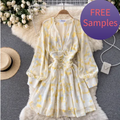 2022 Princess long sleeve high waist retro flower print Mini design lady clothes free samples women summer casual  dresses