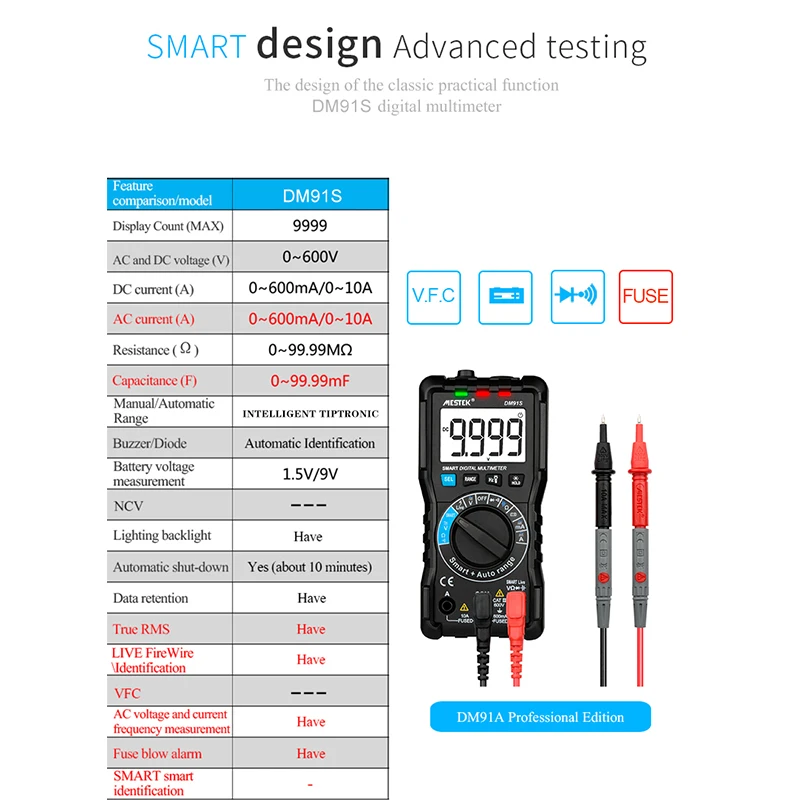 NCV AC DC Voltmeter Multimetro Digital Multimeter HZ Ohm Capacitance Multimeter 100mF Capacitance Smart Multi Tester