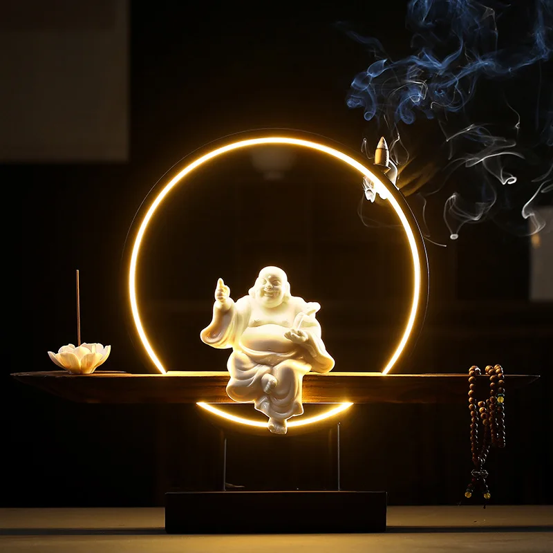 Factory Mini Ceramic Hand Meditation Waterfall Backflow Led Buddha Statue Shape Incense Burner