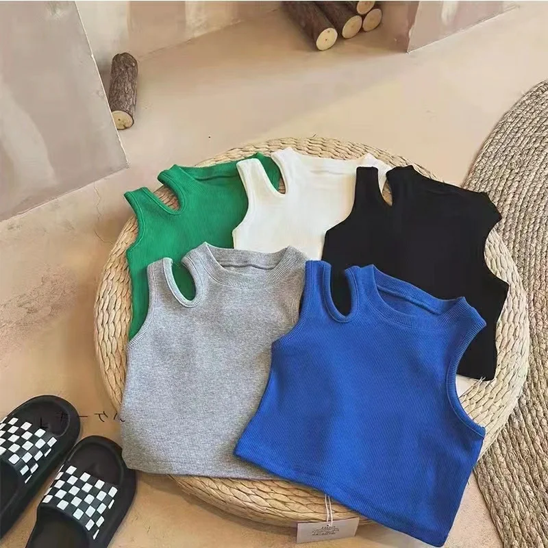 Korean tank top baby girls crop tops camis open shoulder hollow out cutout streetwear hip hop kids clothes toddler 2 to 8 yrs