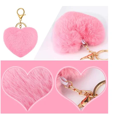 Heart Shaped Pompoms keychain Keyring  bulk Fluffy Car Bag Charm for Valentine Day Decoration