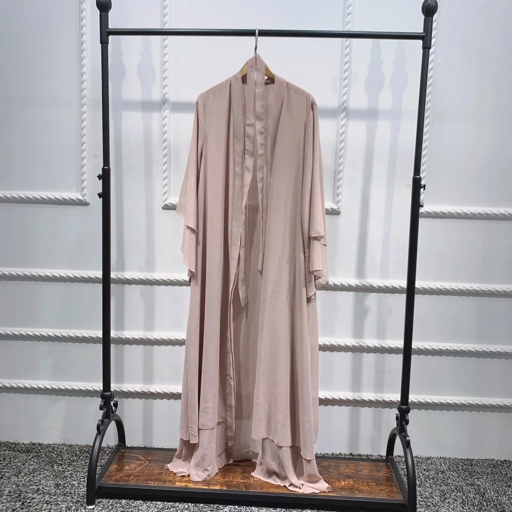 Loriya Hot Selling EID Abaya Dubai Turkey Islamic Clothing Chiffon Kimono Two Layers Open Abaya Muslim Hijab Dresses