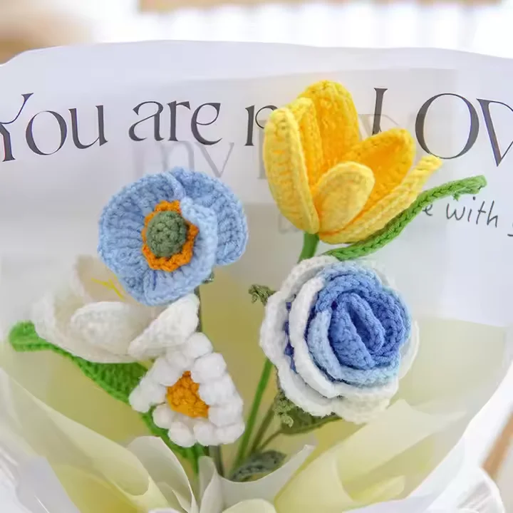 Wholesale Artificial Knitting Sunflower Rose Daisy Crochet Flowers Bouquet Kit, Knitted Crochet Flowers Bouquet Gift