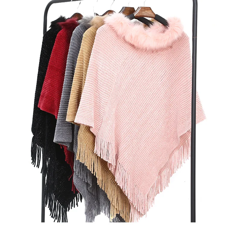 new scarf European American lady chenille poncho with fur collar winter keep warm sweater with Shiny yarn knit shawl for women