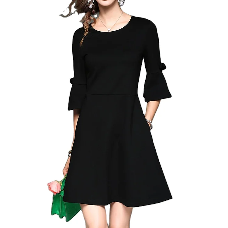 Новое модное милое черное платье для девочки 3/4 с расклешенными рукавами и бантом, вечернее платье с высокой талией и круглым вырезом