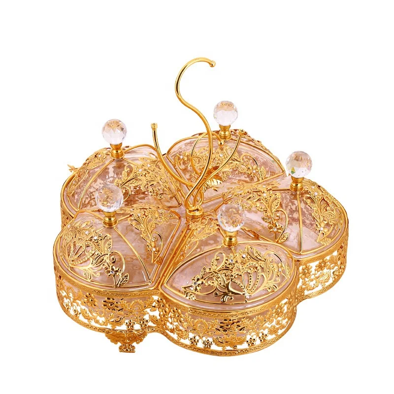 Home Decorative Gold Plated Metal iron Serving Snack Divided Candy Box Dry Fruit Deco Storage Tray With 5 acrylic Bays