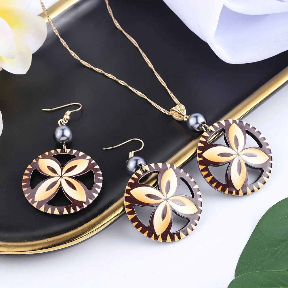 SophiaXuan new samoan Fashion Blue Aegis Necklace Acetate Acrylic Earrings Wholesale Hawaiian Jewelry Set