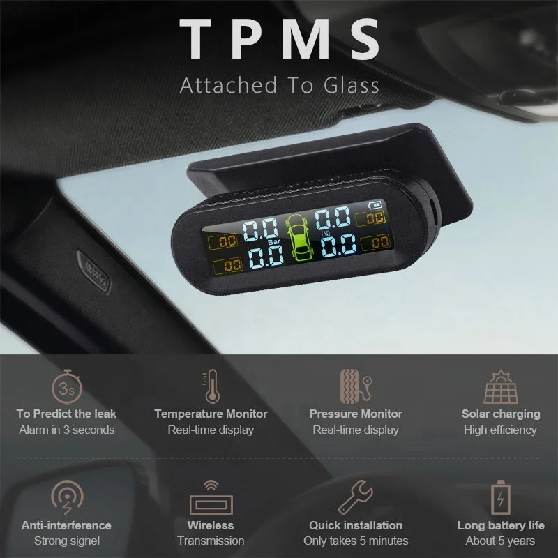 YLY TPMS Solar Power TPMS Car Tire Pressure Alarm Monitor Auto Security System Tyre Pressure 360 Adjustable Temperature Warning