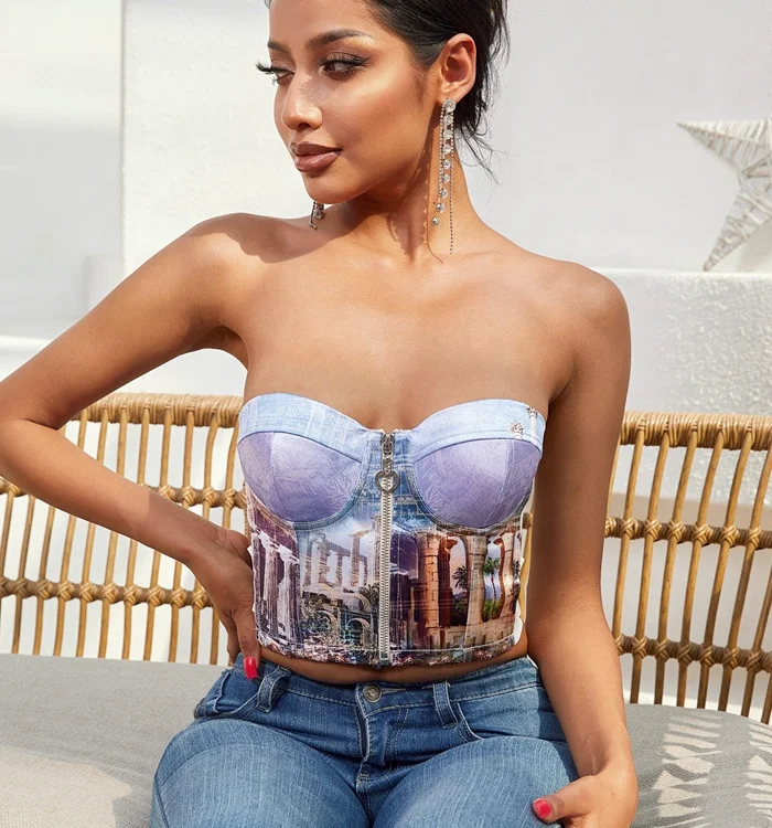 2022 Hot Sale Parthenon Print Corset Top Thick Satin Slim Fit Underwire Bra top Crisscross Side Rubber Zip Front Women Top