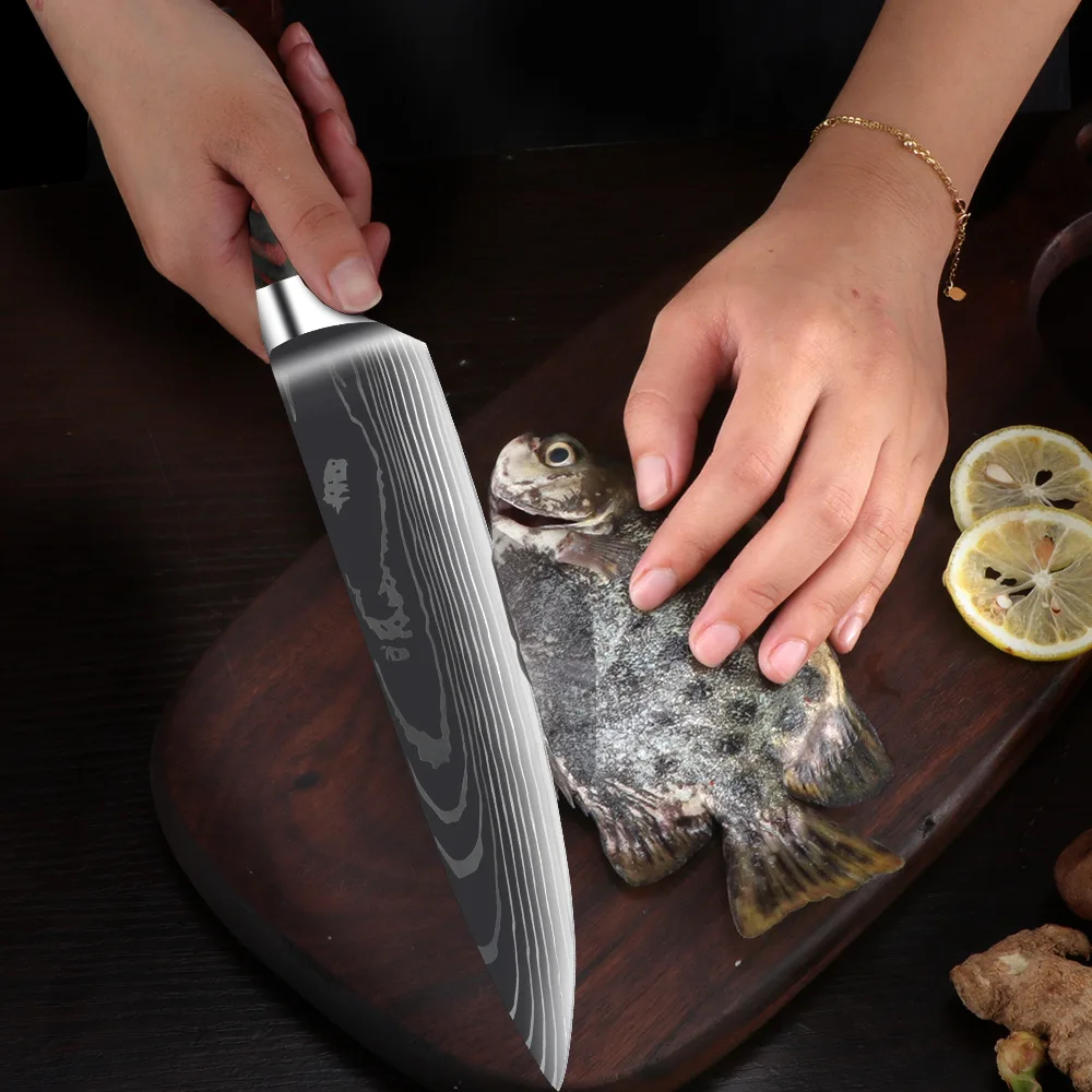 Chef knife 10 Pcs Set Kitchen Knives Laser Damascus Pattern Sharp Japanese Santoku Cleaver Slicing Utility Knife