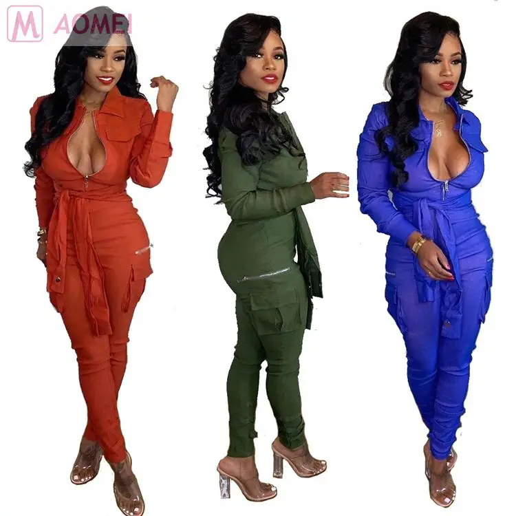 
B1023 best seller solid color pocket zipper belt bandage wholesale casual women jumpsuits and rompers 