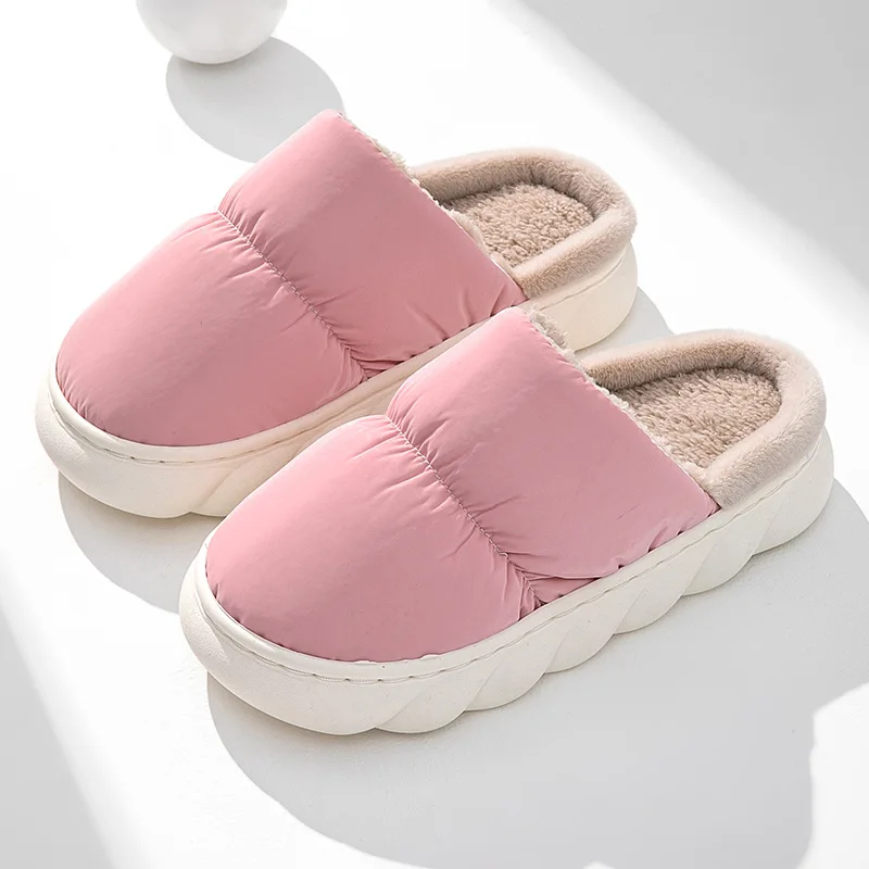 Autumn and winter solid color rainproof cloth thick sole down slippers anti-slip cotton slippers