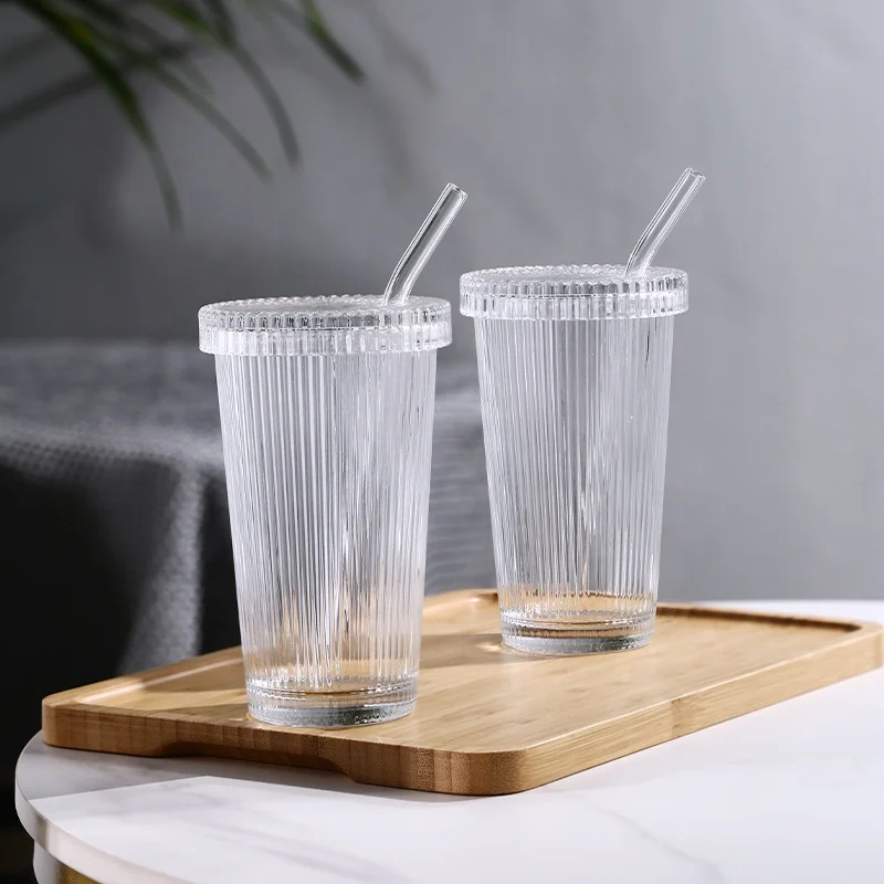 Hot Sale 380ml Transparent Bubble Tea Cup Simple Ribbed Vertical Stripes Glass Cup With Lid And Straw