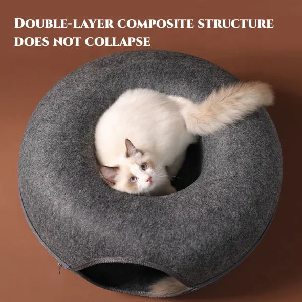 OF Wholesale Luxury Double-storey Donuts Shape Custom Felt Round Tunnel Pet Cat Bed Peekaboo Cat Cave