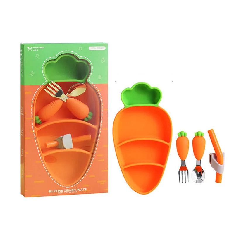 Bpa Free Food Grade Silicone Children Kids Divided Dish Feeding Spoon Fork Toddler Bowl Set Baby Silicone Plate